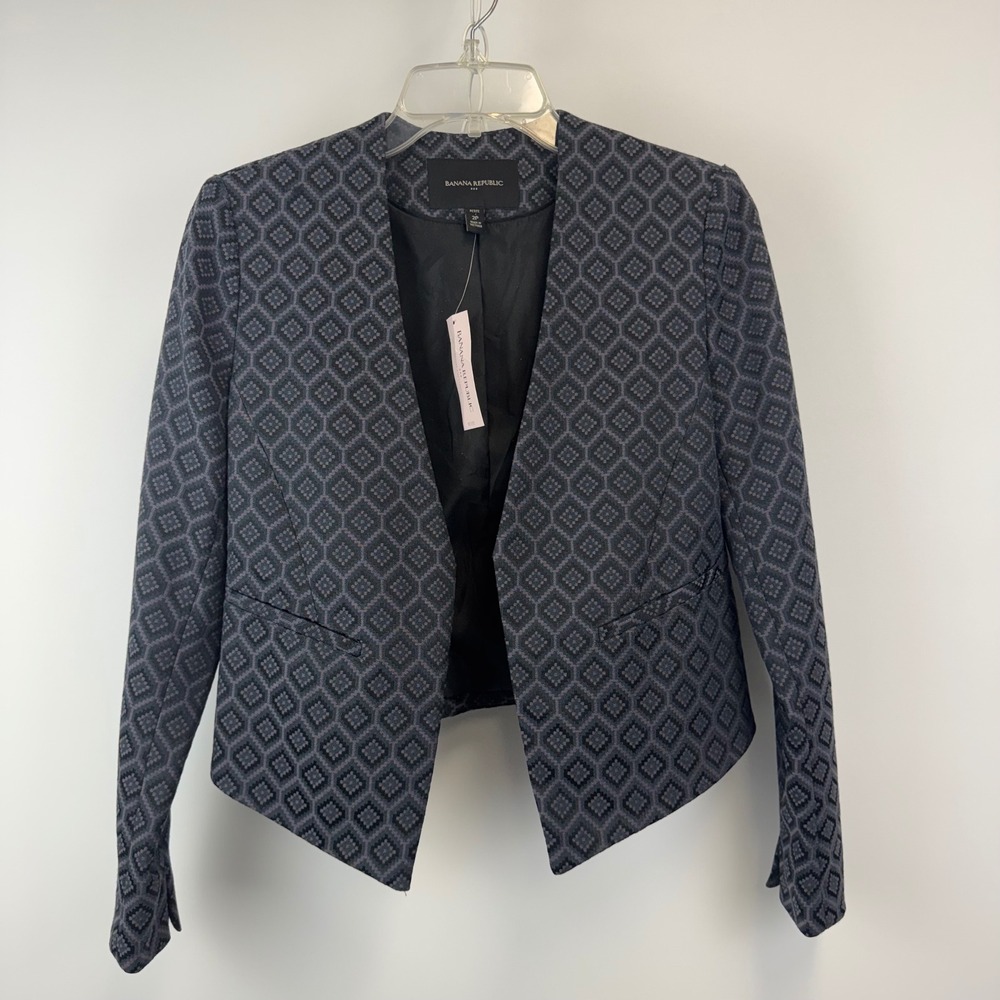Banana Republic Blazer Women 2P Navy Geometric Cropped Open Front Work NWT